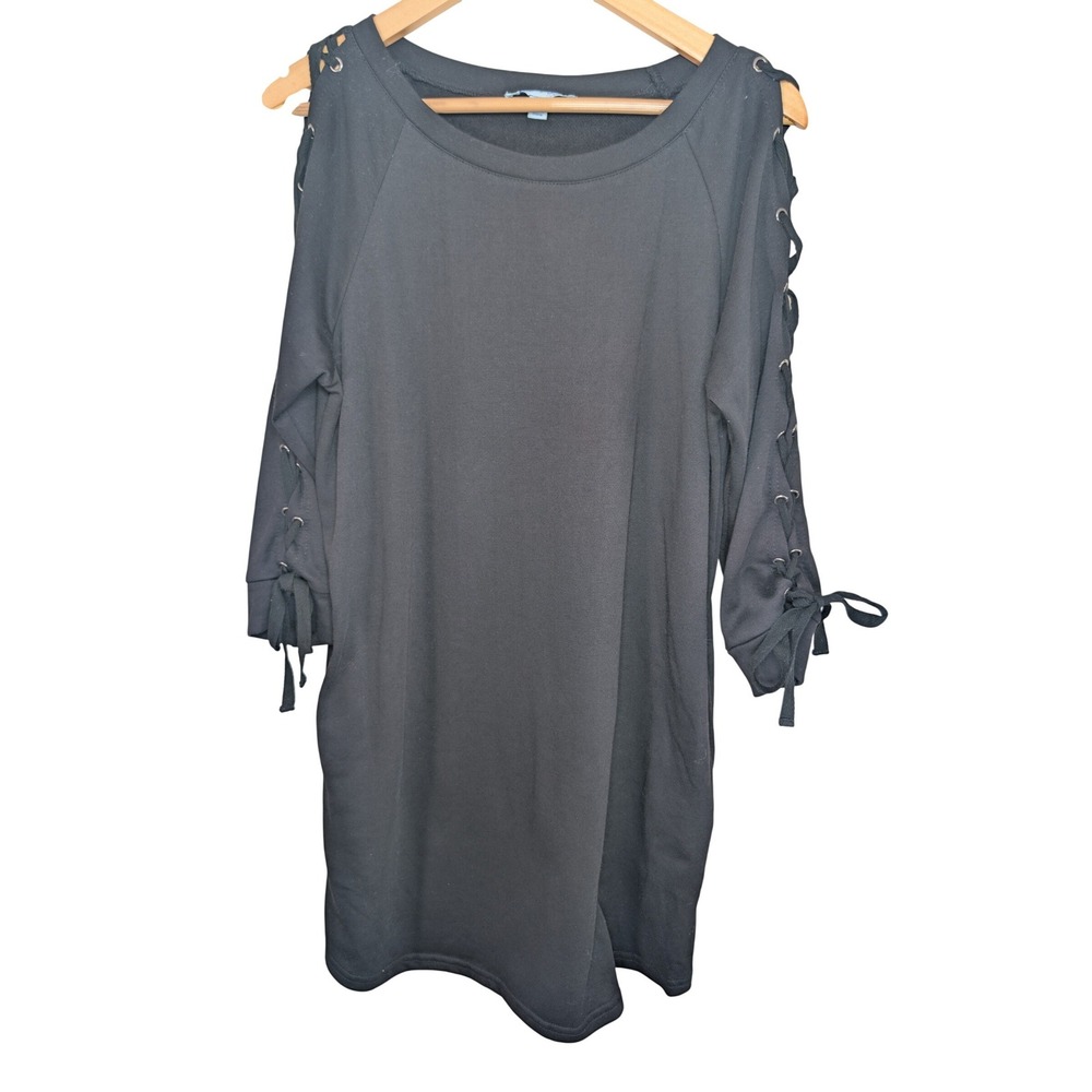 SHE + SKY Lace Up Sleeve Sweatshirt Tunic Dress Womens M Pockets minimalist